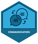 A blue hexagon with an illustration of two speech bubbles overlapping. 'Communication' is printed below the illustration.