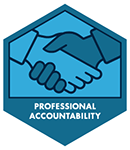 A blue hexagon containing an illustration of two hands in a hand-shake grip together. 'Professional Accountability' is printed below the illustration.