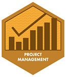 An orange hexagon containing an illustration of a bar-and-line chart. 'Project Management' is printed below the illustration.