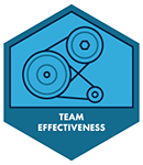 A blue hexagon containing an illustration of a series of circles connected by lines to suggest interconnected pulleys and belts. 'Team Effectiveness' is printed below the illustration.