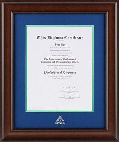 Photograph of a sample certificate in a dark red wood photo frame with a green-edged blue mat stamped with a silver APEGA logo.
