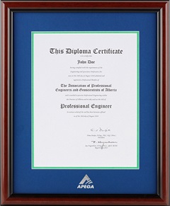 Photograph of a sample certificate in a wood photo frame that is red wood on the exterior and black on the inner edges. The frame has a green-edged blue mat stamped with a silver APEGA logo.