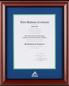 Photograph of a sample certificate in a red wood photo frame with a green-edged blue mat stamped with a silver APEGA logo.