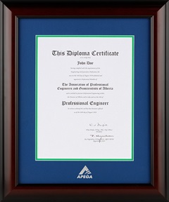 Photograph of a sample certificate in a very dark red wood photo frame with a green-edged blue mat stamped with a silver APEGA logo.
