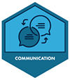 A blue hexagon with an illustration of two speech bubbles overlapping. 'Communication' is printed below the illustration.