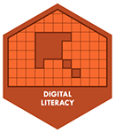 A red hexagon with an illustration of a pixelated computer cursor. 'Digital Literacy' is printed below the illustration.