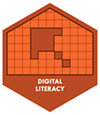 A red hexagon with an illustration of a pixelated computer cursor. 'Digital Literacy' is printed below the illustration.