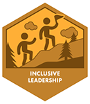 An orange hexagon containing an illustration of one person leading another up a mountain. 'Inclusive Leadership' is printed below the illustration.