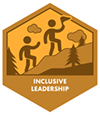 An orange hexagon containing an illustration of one person leading another up a mountain. 'Inclusive Leadership' is printed below the illustration.