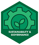 A green hexagon containing an illustration of a plant sprout inside of a gear. 'Sustainability & Governance' is printed below the illustration.