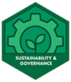 A green hexagon containing an illustration of a plant sprout inside of a gear. 'Sustainability & Governance' is printed below the illustration.