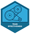 A blue hexagon containing an illustration of a series of circles connected by lines to suggest interconnected pulleys and belts. 'Team Effectiveness' is printed below the illustration.