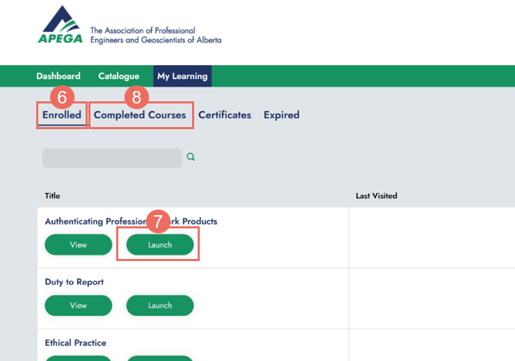 CPD User Guide Step 6-8 Find courses under Enrolled and click Launch