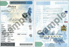 Sample of an newer birth certificate from Alberta printed on secure polymer