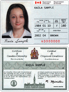 Sample of a Canadian citizenship card from before 2012
