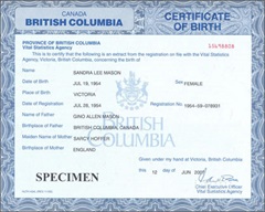Sample of an older birth certificate from B.C. printed on paper