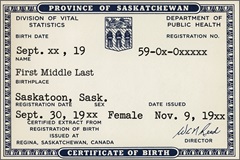 Sample of an older birth certificate from Saskatchewan printed on paper