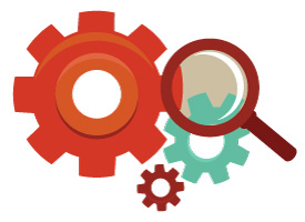 Illustration of 3 gears of different sizes, with a magnifying glass inspecting one