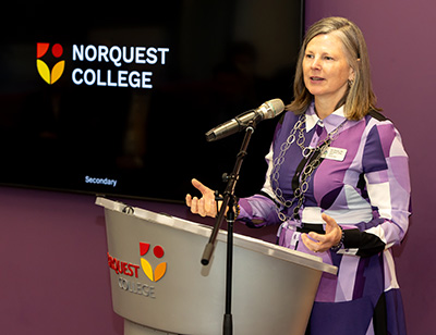 Terri Steeves, P.Eng. speaking at Norquest College
