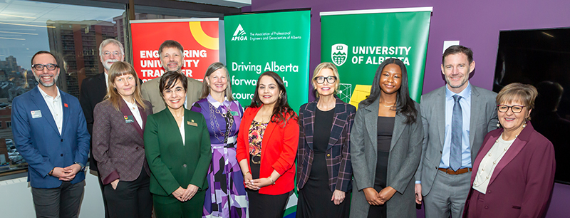 Norquest Engineering Announcement Group Photo Representatives from the Government of Alberta, APEGA, NorQuest College, and the University of Alberta, with future student Kui Karuga (third from right), at the Engineering University Transfer Certificate Program announcement.