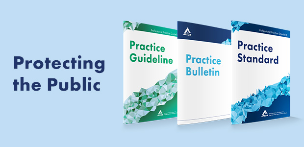 Covers of a practice standard, practice bulletin, and practice guideline with text Protecting the Public