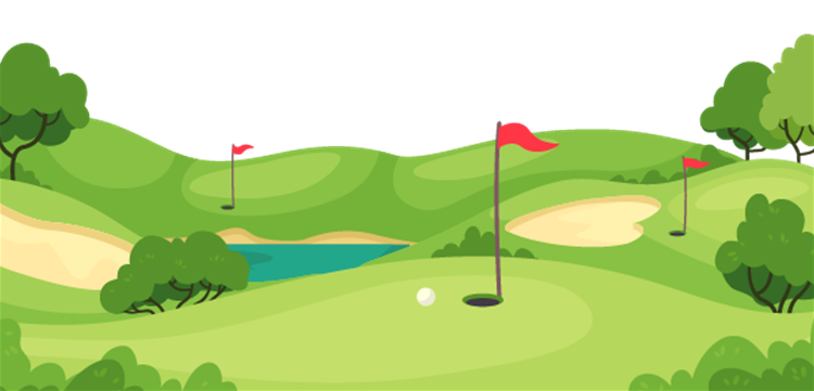A golf course with flags and trees