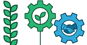 Illustration of two gears - one with a plant growing inside of it and the other with shaking hands inside of it