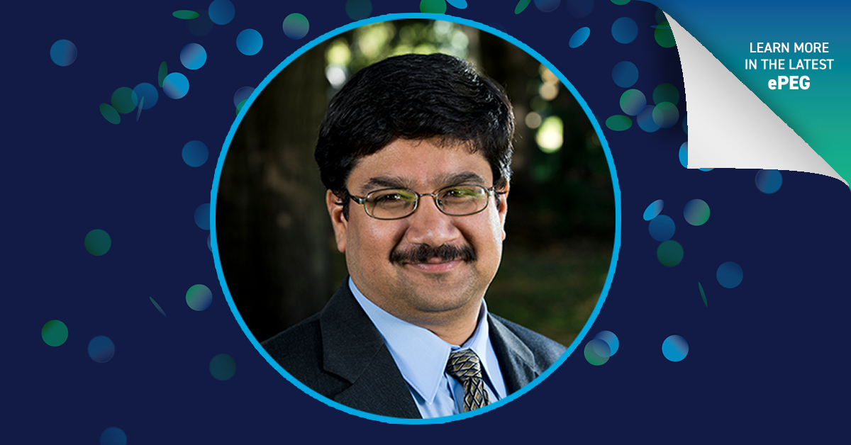 A portrait of Dr. Amit Kumar, P.Eng. enclosed in a circular frame with confetti in the background