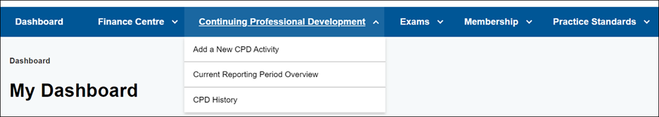 Screenshot of the My Dashboard screen of MyAPEGA. The Continuing Professional Development menu at the top is opened to show 